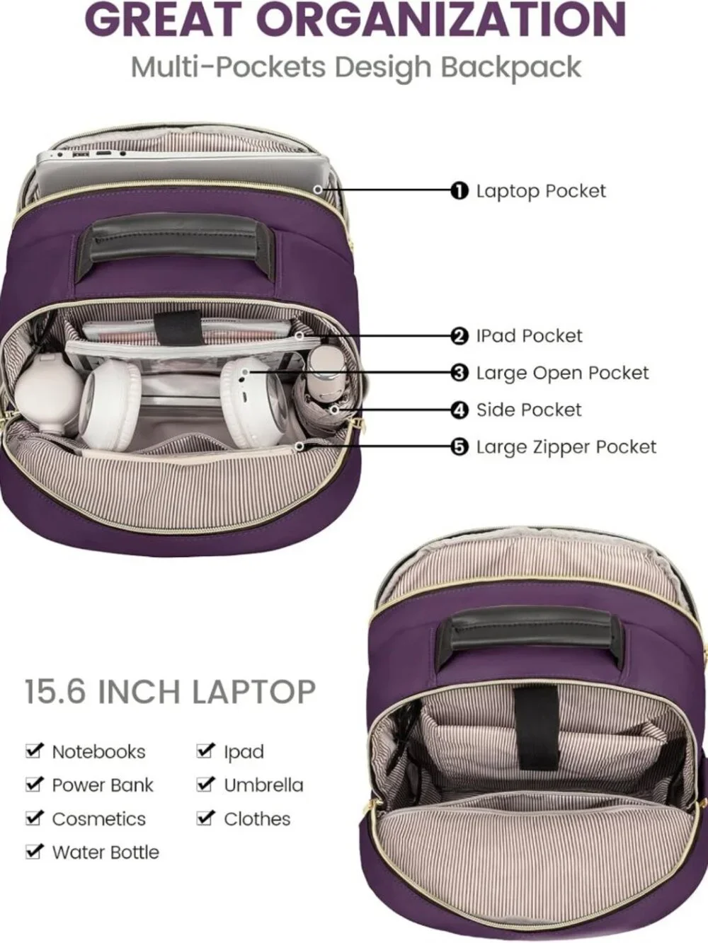 Stylish Quilted Laptop Backpack Purse for Women, Travel & School Bag with USB